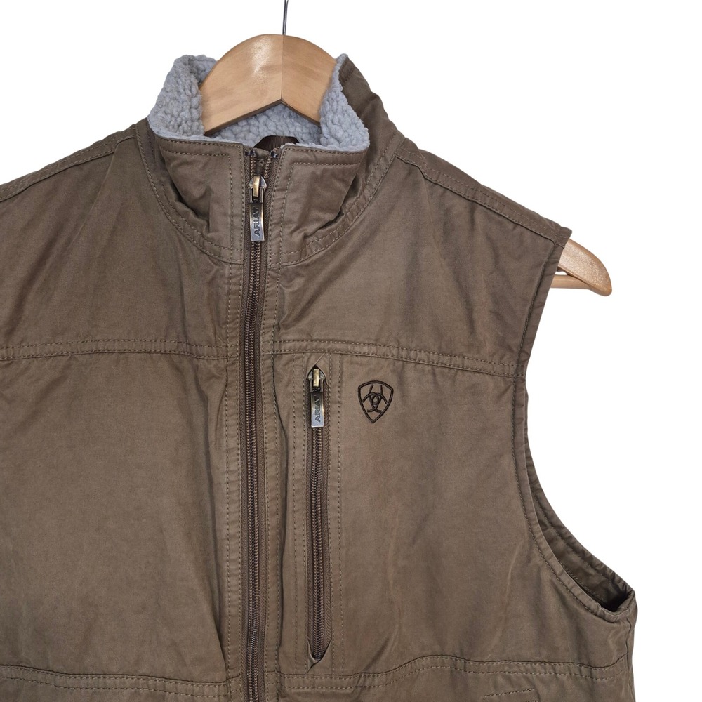 Ariat Grizzly Canvas Vest Mens Small Brown Sherpa Collar Concealed Western Work